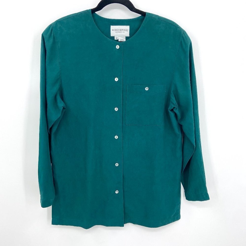 WORLD REPUBLIC Vintage Emerald Green 100% Silk Shoulder Pad Button Up Blouse Med